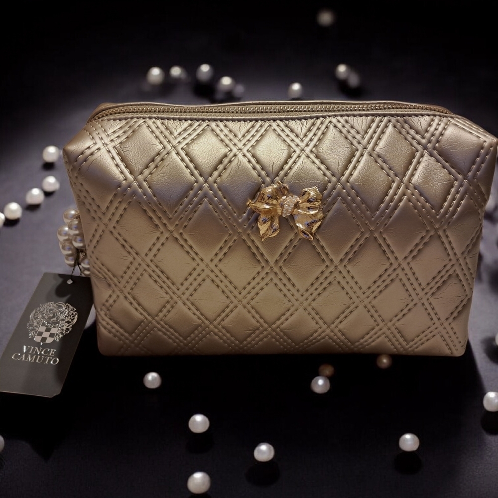 NWT Vince Camuto Champagne Quilted Cosmetic Case With Pearl Zipper Pull